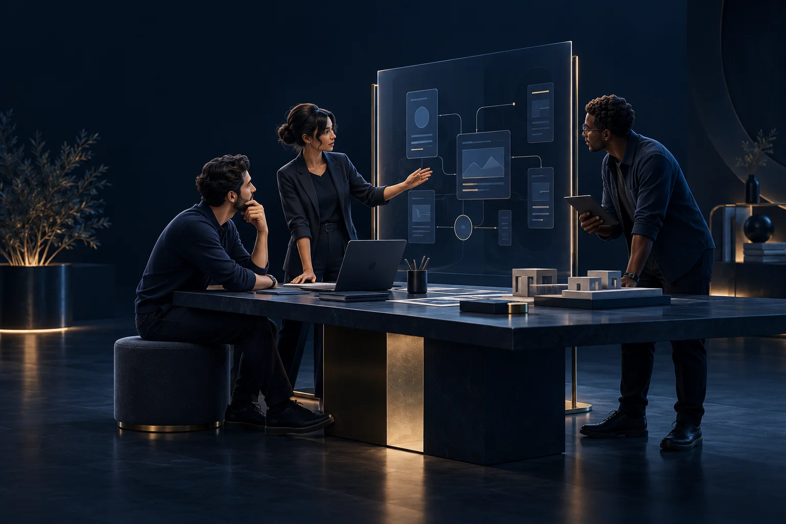 Illustration of product collaborators planning a connected web and mobile experience around a shared worktable.
